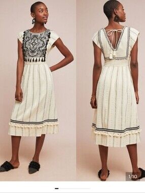Anthropologie Maeve Anaya Embroidered Midi Dress Ivory Black Size 16 NWT